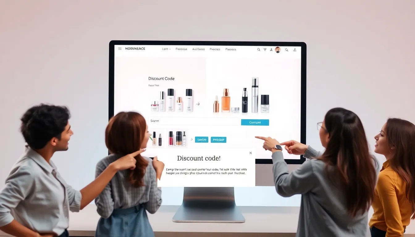 diverse group at a modern computer checkout for beauty deals.