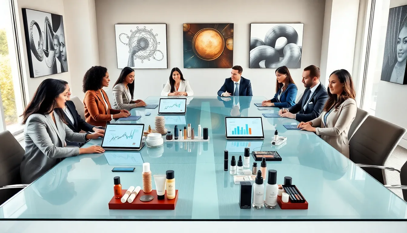 diverse professionals discussing beauty industry trends in a modern boardroom.