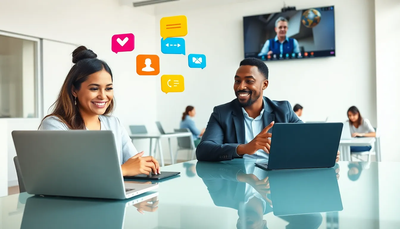 diverse professionals collaborating through modern communication technology.