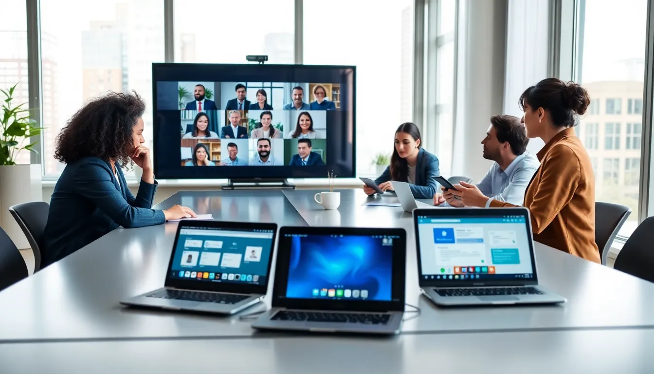 diverse team engaging in a video call in a modern office.