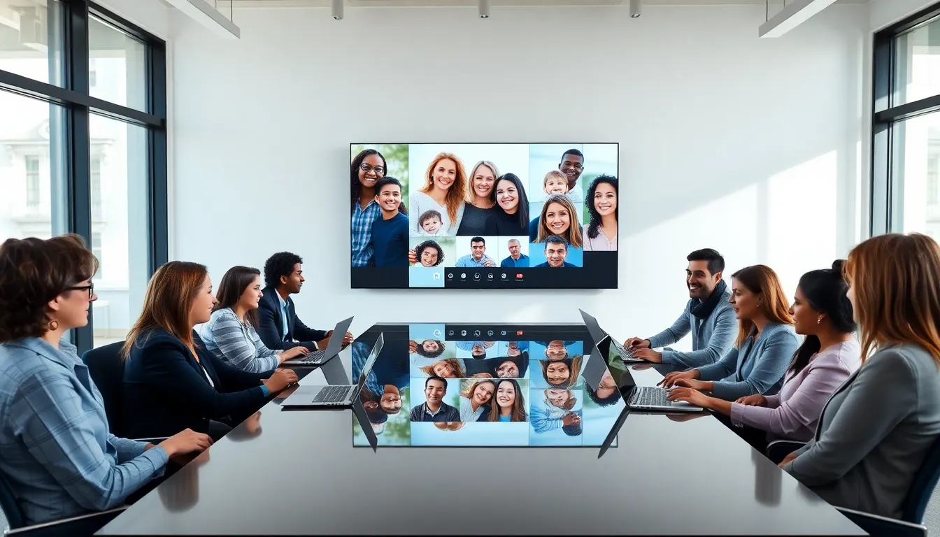 diverse team on a video call in a modern office.