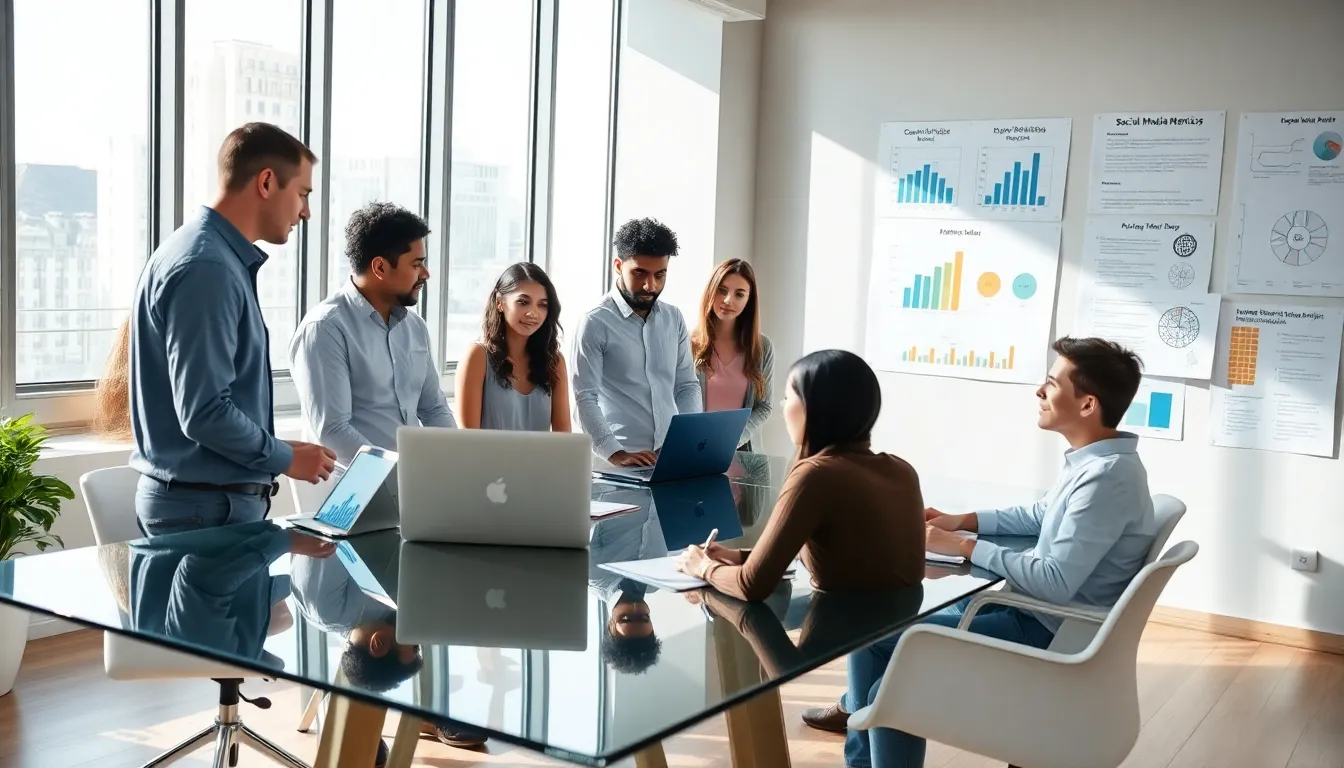 diverse team collaborating on a social media audit in a modern office.