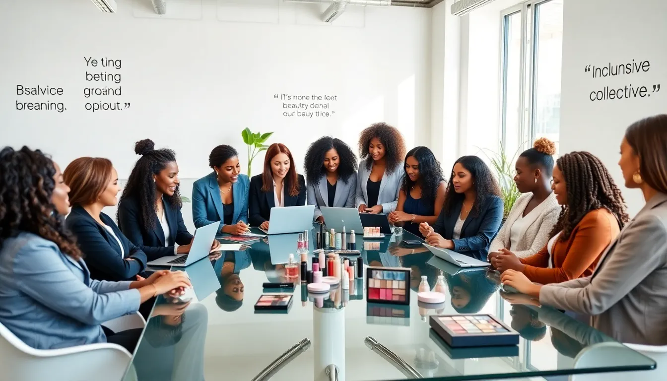 diverse professionals collaborating in a modern beauty collective workspace.