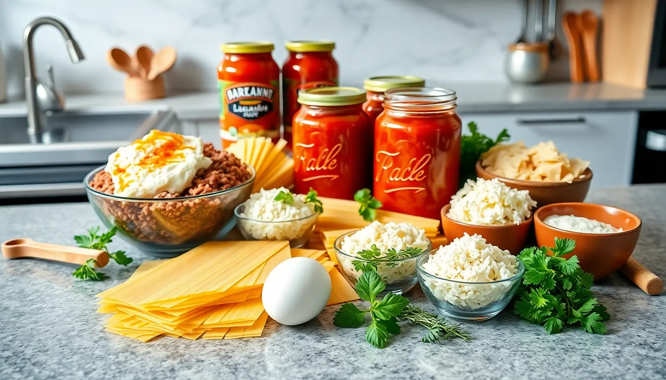 Ingredients for American Beauty lasagna on a modern kitchen countertop.