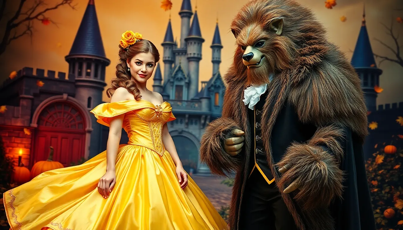 people in Beauty and the Beast Halloween costumes.