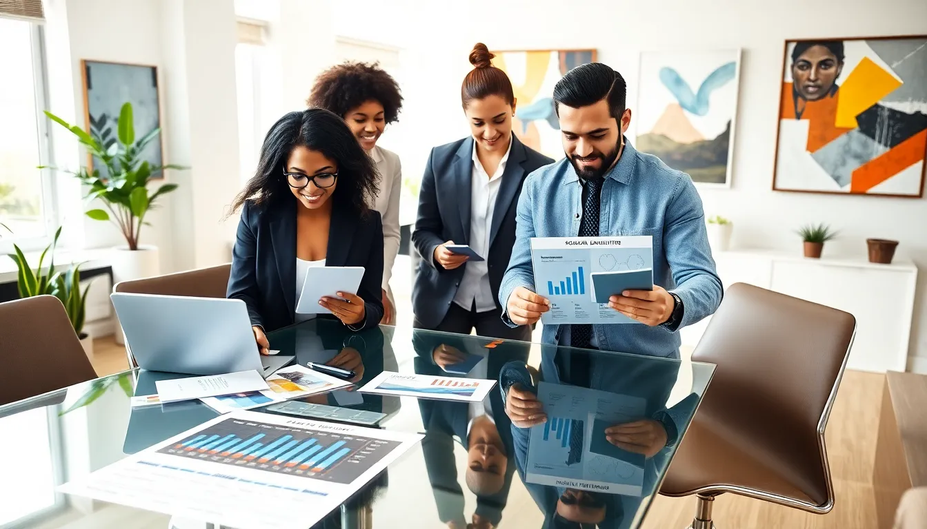 diverse team collaborating on social media strategies in a modern office.