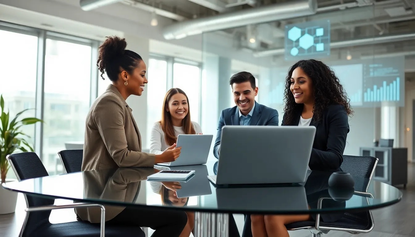 diverse professionals collaborating in a modern office using technology.