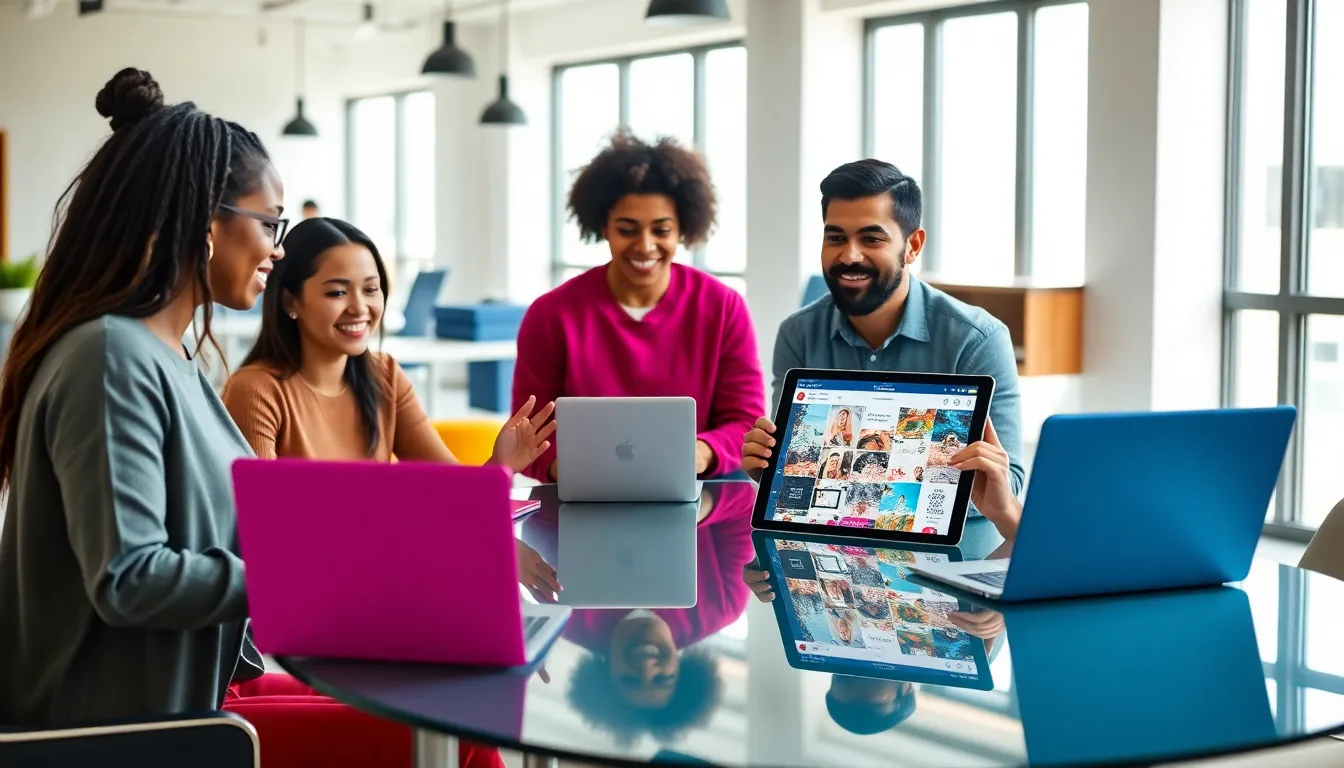 diverse team discussing social media aesthetics in a modern office.